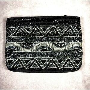 Vintage DELILL Beaded Evening Clutch Purse Bag Black Silver Excellent Condition‎